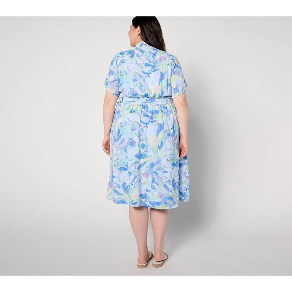 Side Stitch Short-Sleeve Button Front Midi Dress Aqua Bloom Womens Size Small - Picture 2 of 8